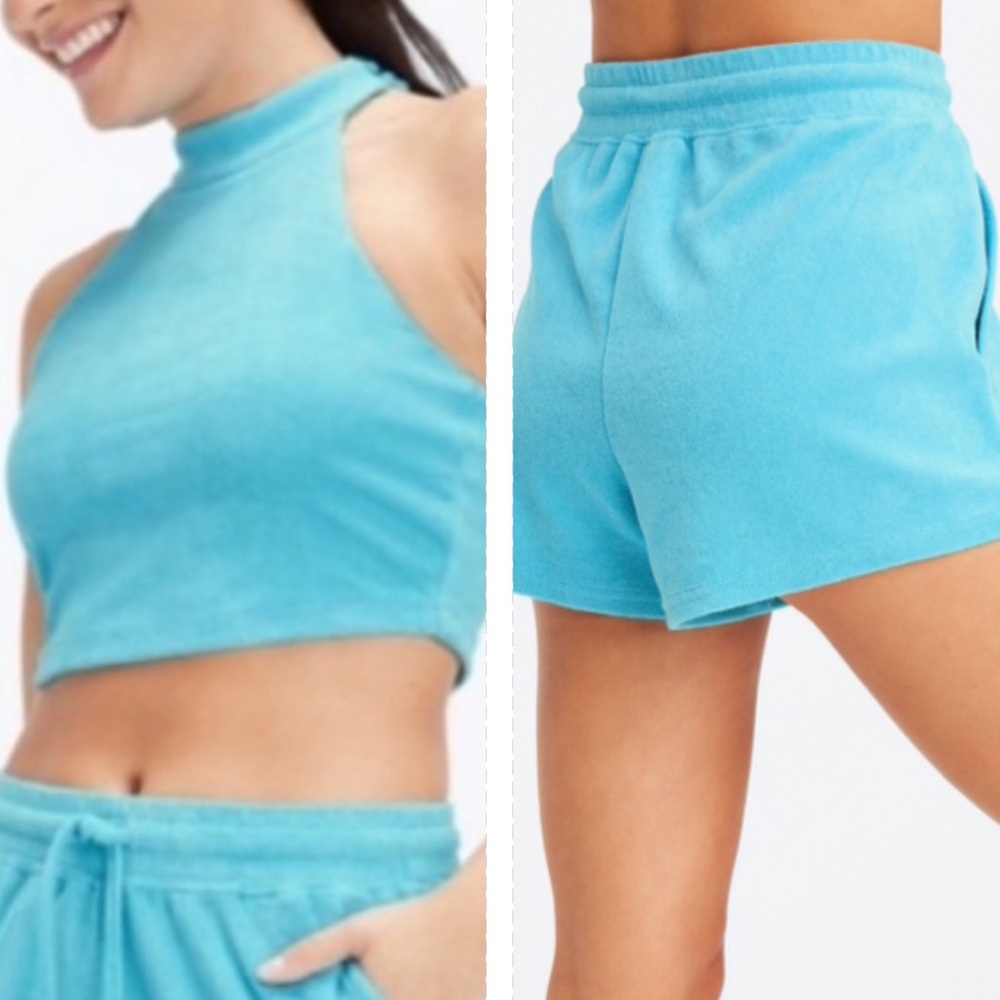 Fabletics Terry Built-In Bra Tank Cropped Size Small and Shorts Size Medium